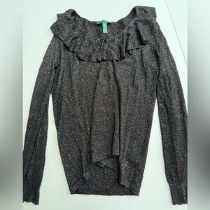 Polo Ralph Lauren Women’s Small $139 Sweater Metallic Black Gold Ruffle Sparkle